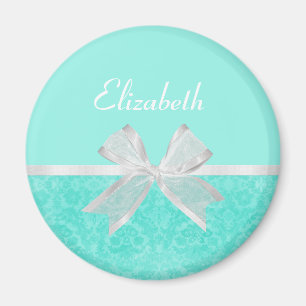 Aimant Ruban blanc Girl Aqua Turquoise Damask Nom