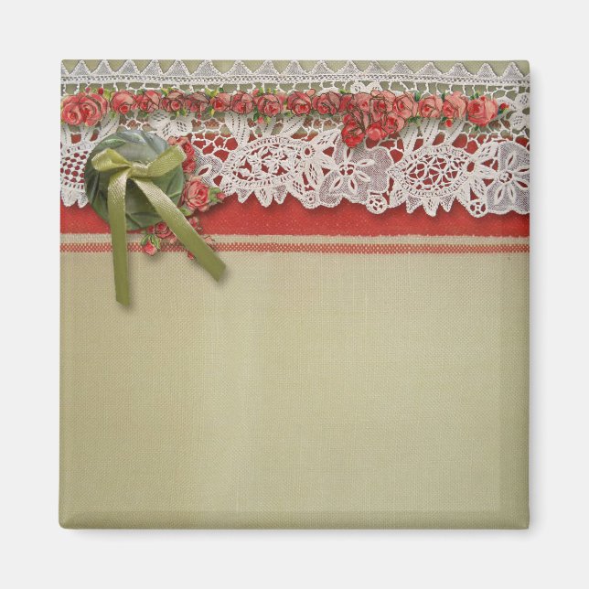 Aimant Rubans Antique Rose Rustique Rouge Victorien Toile (Devant)
