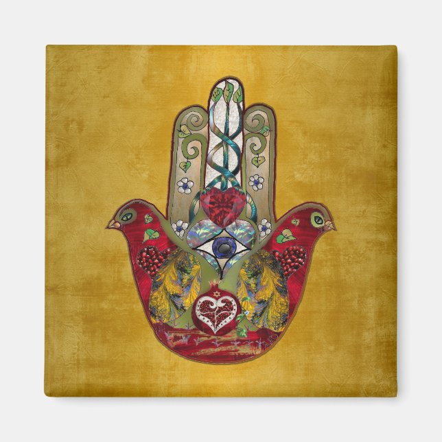 Aimant Ruby Pomegranate Heart Red Bird Hamsa (Devant)