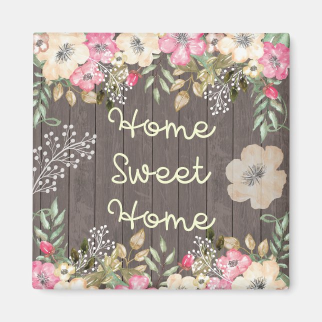 Aimant Rustic Look Home Sweet Home Floral Bois (Devant)