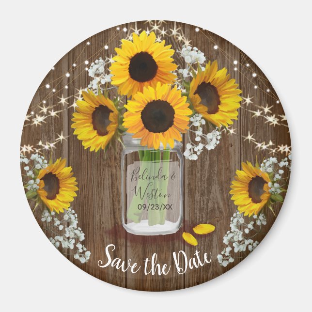 Aimant Rustic Mason Jar Sunflower Enregistrer la date Mar (Devant)