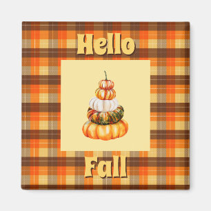 Aimant Rustique Hello Fall Plaid avec Citrouille orange