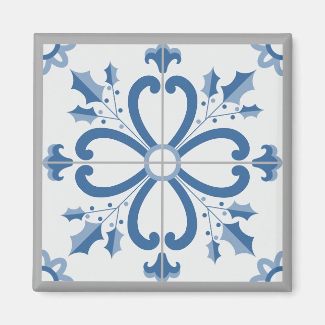 Aimant Sacré de Noël et pétales de fleurs carreaux bleus (Devant)