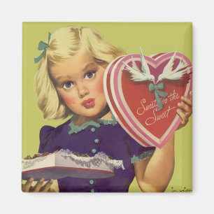 Aimant Saint-Valentin Mignon Vintage, Fille avec Chocolat