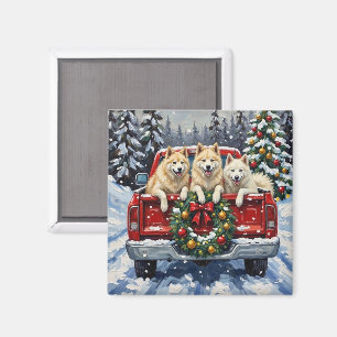Aimant Samoyed Noël Camion Rouge Fêtes