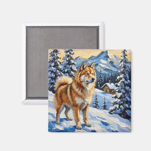 Aimant Samoyède vintage dans un paysage de Noël alpin