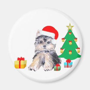 Aimant Sapin de Noël, chiot Yorkshire & cadeaux