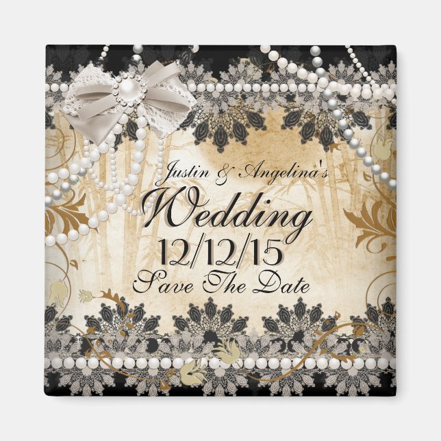 Aimant Sauvegarder la date de mariage noir crème beige (Devant)