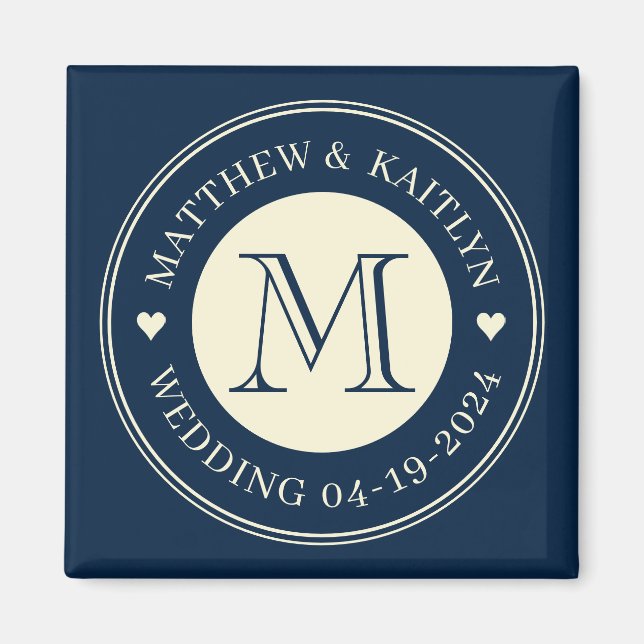 Aimant Sauvegarder la date monogramme cœur bleu mer profo (Devant)