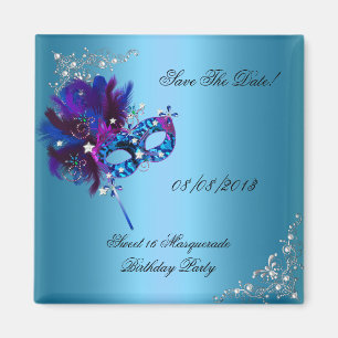 Aimant Sauvegarder la date Sweet 16 Mascarade Bleue