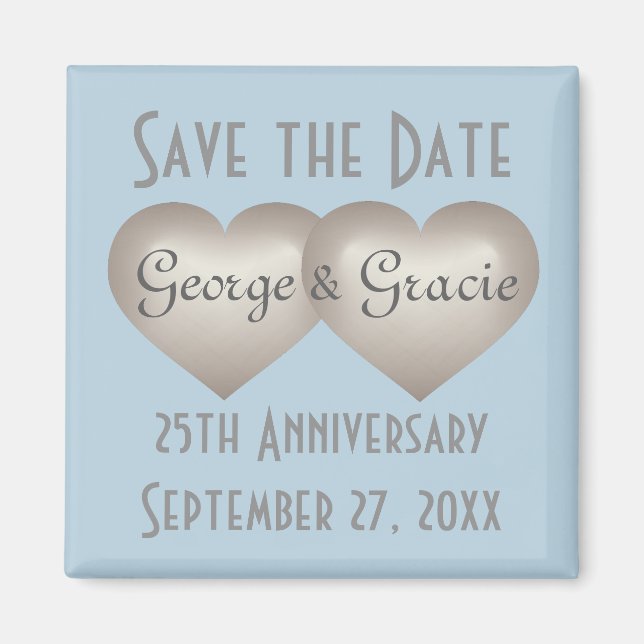 Aimant Sauvez la date 25e anniversaire argent faux coeurs (Devant)