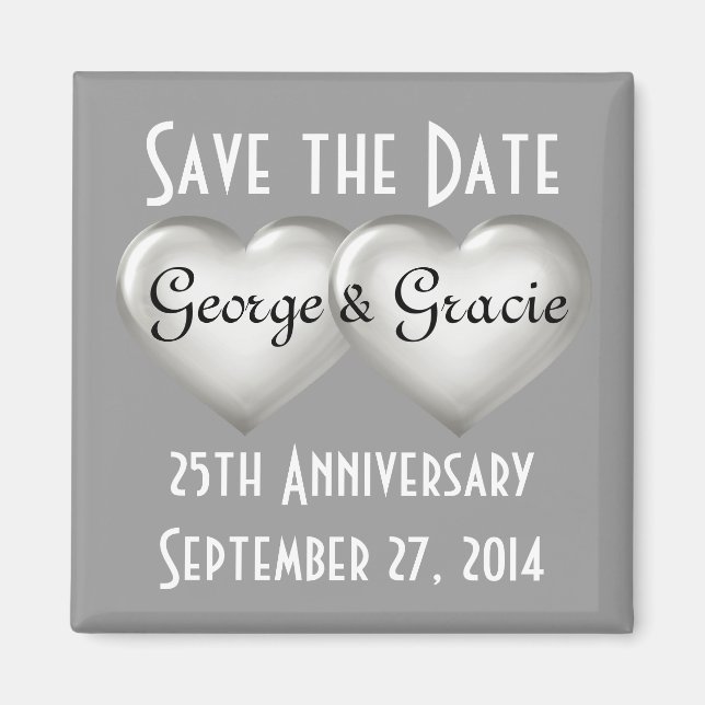 Aimant Sauvez la date 25e anniversaire coeur en verre arg (Devant)