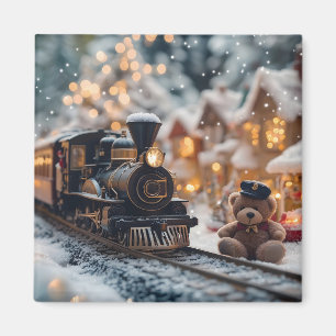 Aimant Scène de train de Noël magique avec ours en peluch