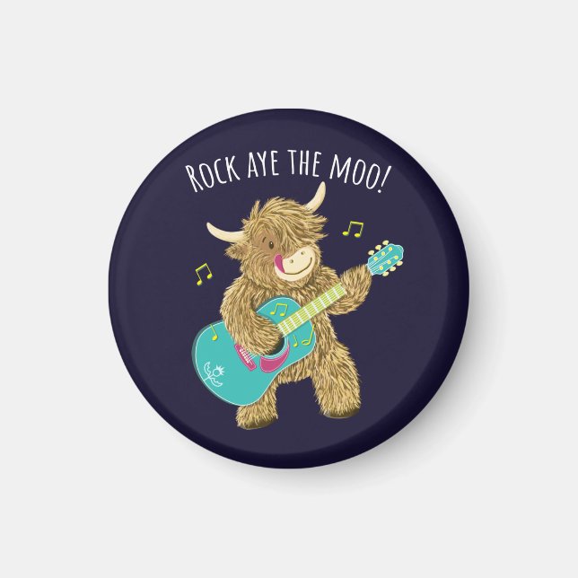 Aimant Scottish Highland Cow Guitarist Rock Aye The Moo! (Devant)