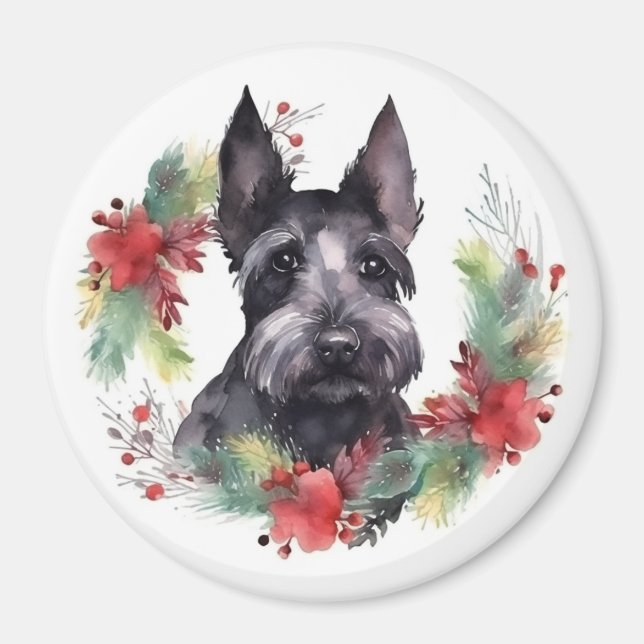 Aimant Scottish Terrier Christmas Wreath Festive Pup (Devant)