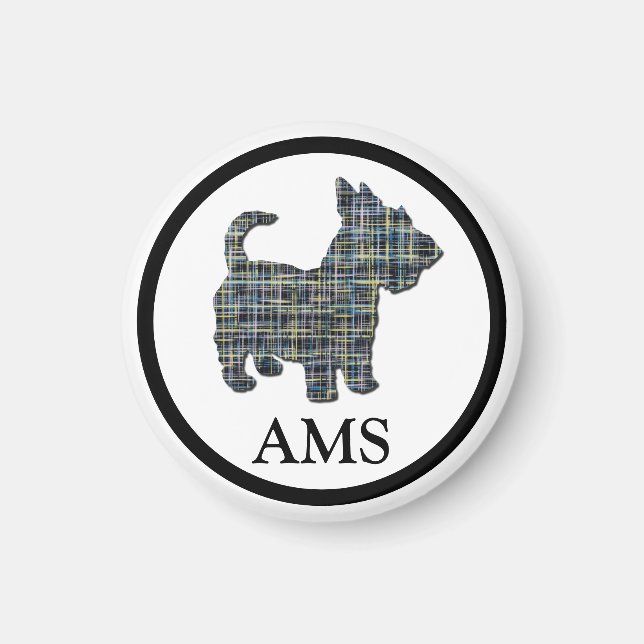Aimant Scottish Terrier Scottie Chien Silhouette Y&B Grid (Devant)