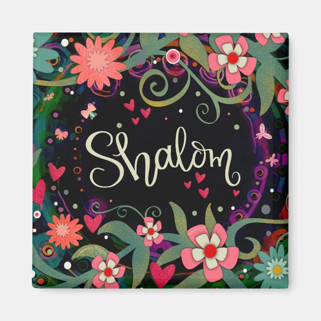Aimant Shalom Amusants Coeurs Floraux Inspiritisme Noir (Devant)