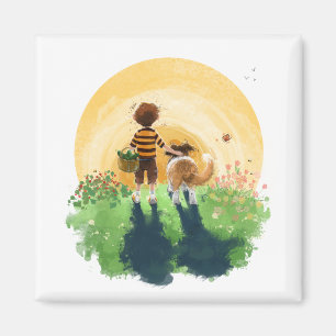 Aimant Sheltie Dog and Boy Walk in Sunset