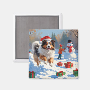 Aimant Shetland Sheepdog Courir La Neige Avec Le Casquett