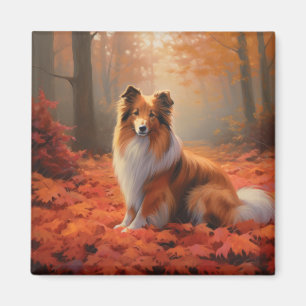 Aimant Shetland Sheepdog en automne Feuilles automne Insp