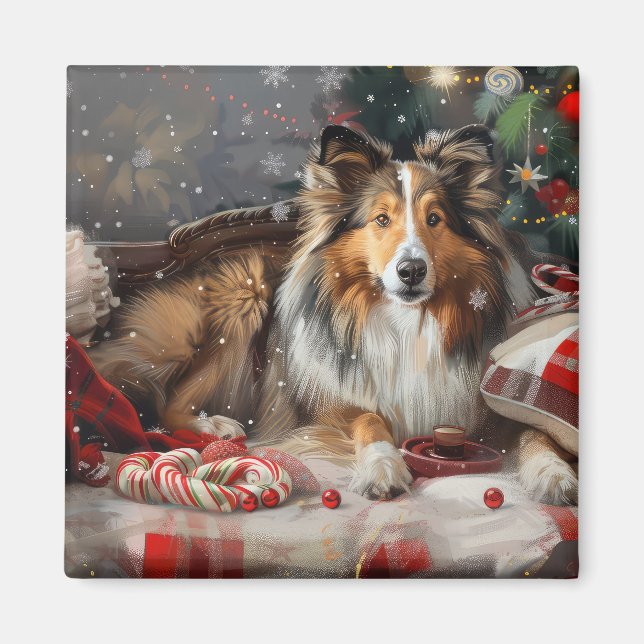 Aimant Shetland Sheepdog Festif de Noël (Devant)