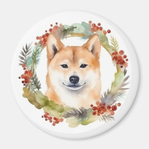 Aimant Shiba Inu Festive de la couronne de Noël Coupe