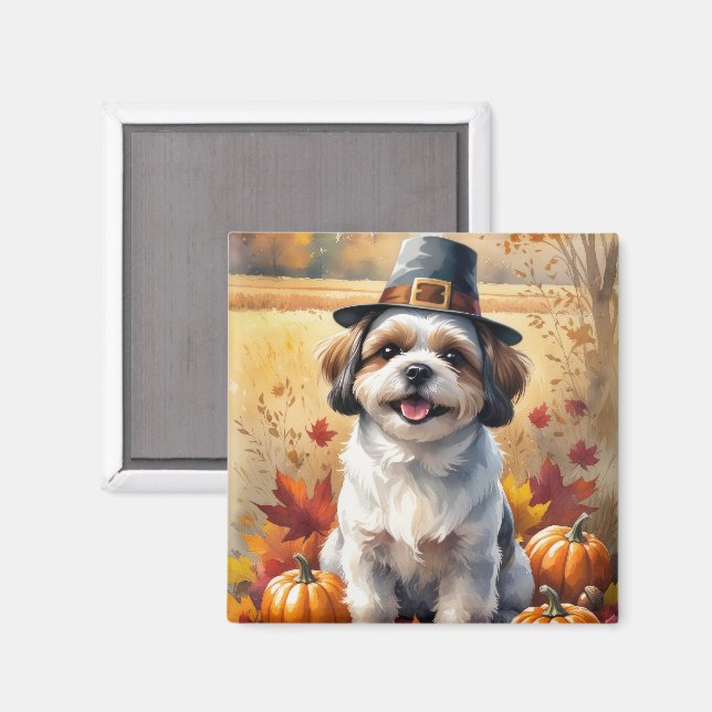 Aimant Shih Tzu À L'Automne Laisse L'Art Thanksgiving (Recto/Verso)