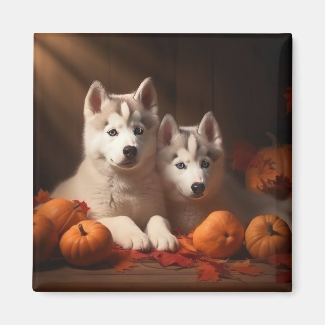 Aimant Sibérie Husky Puppy Citrouille d'automne (Devant)