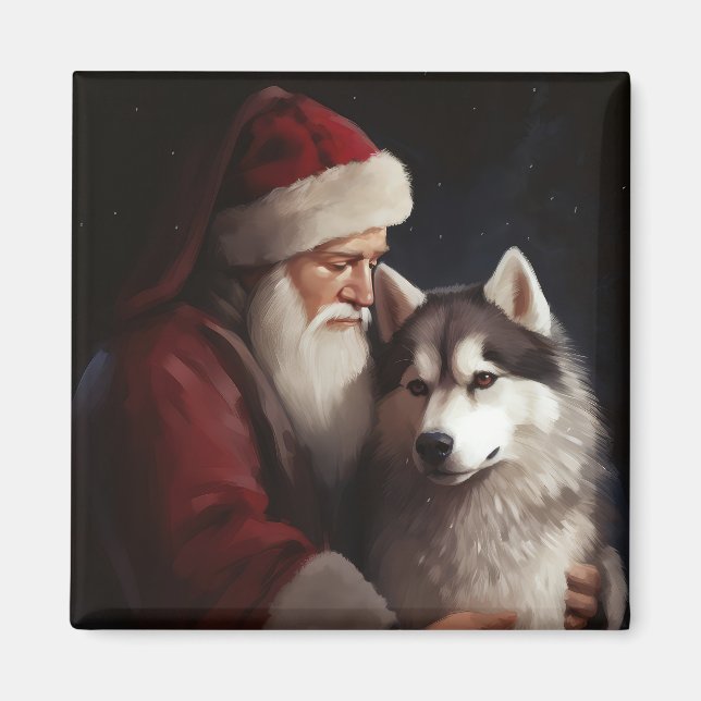 Aimant Sibérien Husky avec Noël Festif du Père Noël (Devant)
