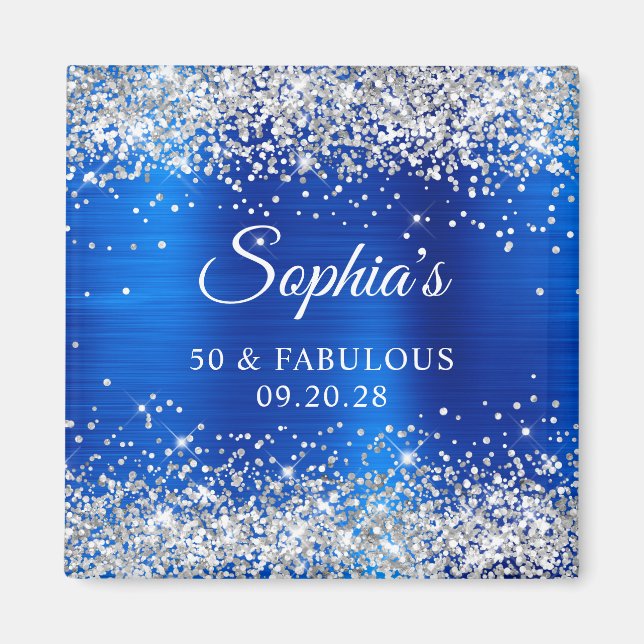 Aimant Silver Glitter Royal Blue Foil 50 & Fabulous (Devant)