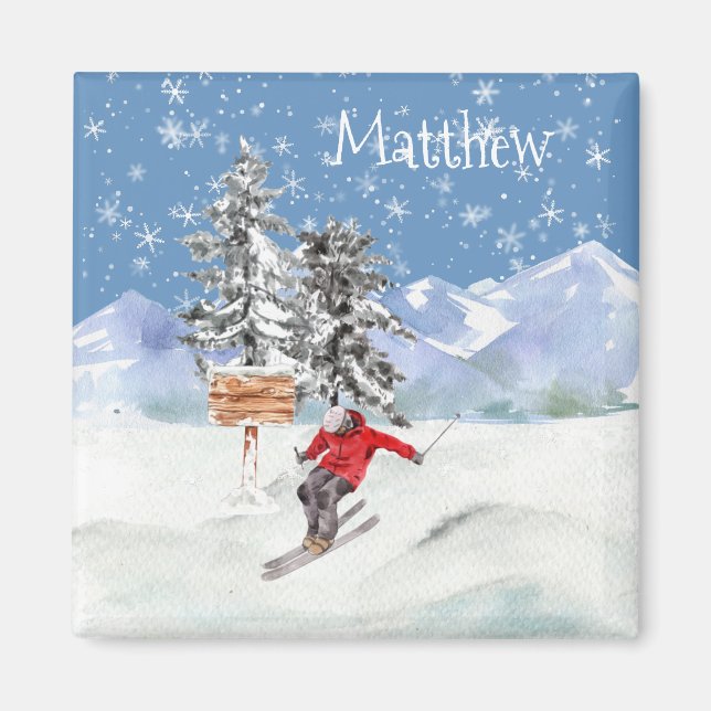 Aimant Ski Skier Neige Personnalisée Aquarelle (Devant)