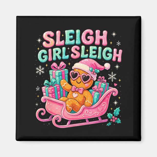Aimant Sleigh Girl Cute Gingerbread Christmas Art  (Devant)