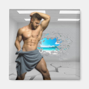 Aimant SlipperyJoe's Man in a serviette blanc salle muscl