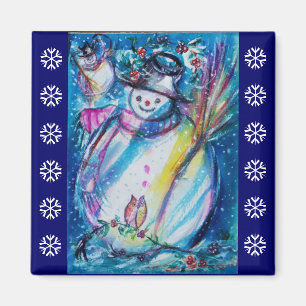Aimant SNOWMAN AVEC OWL / Blue White Snowflakes
