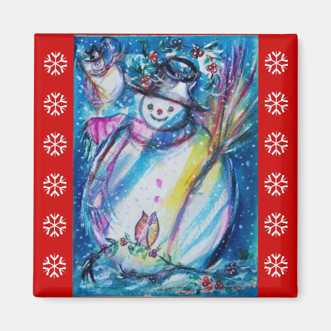 Aimant SNOWMAN AVEC OWL / Red White Snowflakes (Devant)