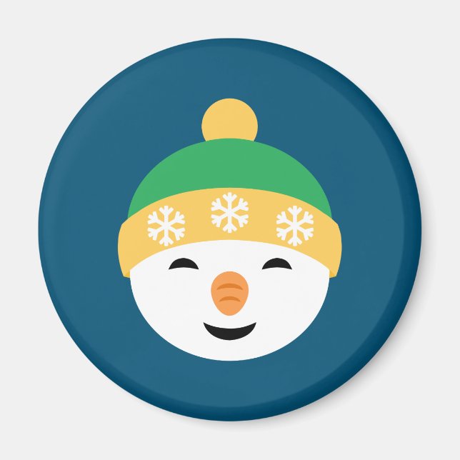 Aimant Snowman de Noël en Casquette vert sur bleu (Devant)