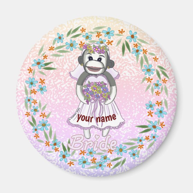 Aimant Sock Monkey Bride nom personnalisé (Devant)
