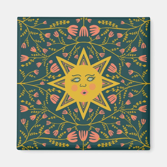 Aimant Soleil & Fleurs Rose Jaune (Devant)