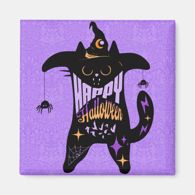 Aimant Sorcière de chat noir rétro drôle Halloween (Devant)