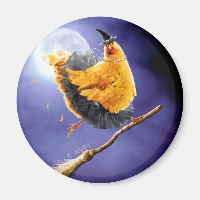 Aimant Sorcière de poulet sur Broomstick (Devant)