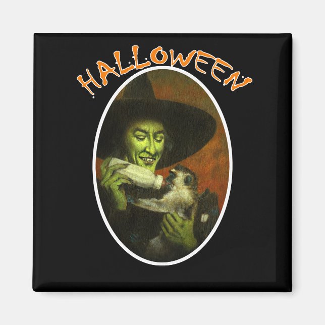 Aimant Sorcière D'Halloween Et Singe Volant (Devant)