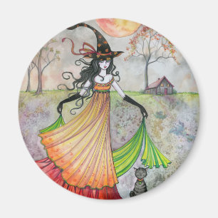 Aimant Sorcière et chat d'automne Rêverie Halloween Art