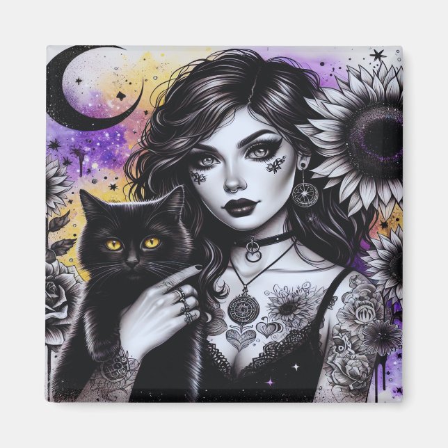 Aimant Sorcière gothique céleste et chat noir (Devant)