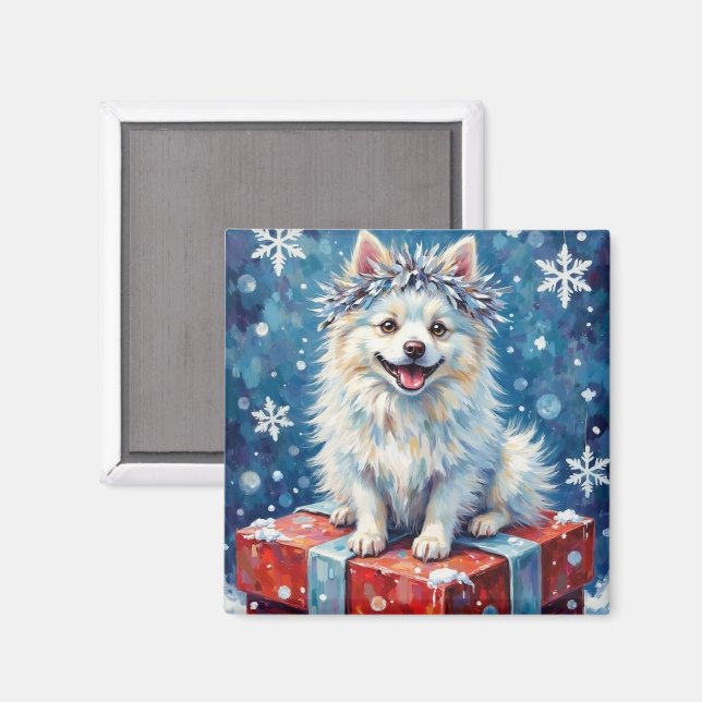 Aimant Sparkling American Eskimo Dog Festive Gift Cushion (Recto/Verso)