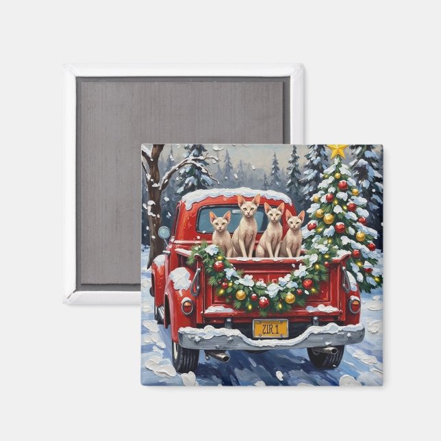 Aimant Sphynx Cat Christmas Red Truck Holiday (Recto/Verso)