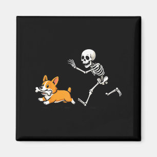 Aimant Squelette drôle poursuivant un Corgi Halloween Chi