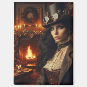 Aimant Steampunk Vintage Victorian Lady Christmas Red