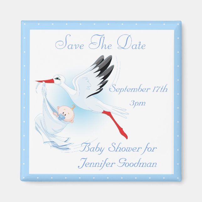 Aimant Stork & Baby Boy Blue Enregistrer le Baby shower D (Devant)