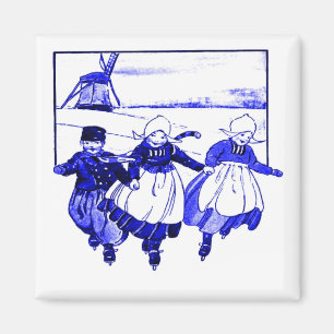 Aimant Style Delft, Bleu Ducth Enfants Sur Patins