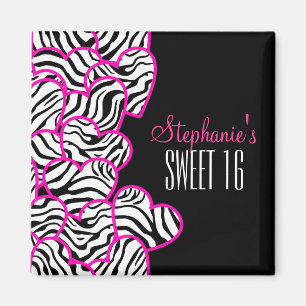 Aimant Stylish Pink Sweet 16 Zebra Heart Design Nom